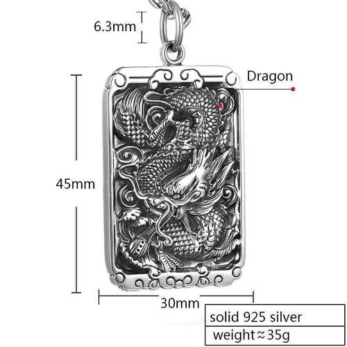 925 Sterling Silver 45*30mm Luxury Dragon Square Pendant Necklace For Men Carved Buddhism letter Vintage Biker Men Jewelry