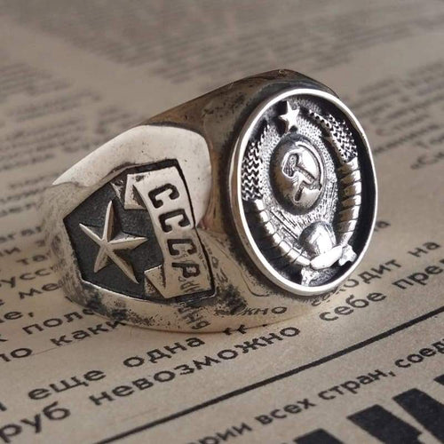 925 Sterling Silver Communist Soviet Union Emblem Ring Signet Rings for Men Hammer and Sickle USSR СССР Coat of Arms Symbol Vintage Nostalgic Jewelry Gifts/Handmade
