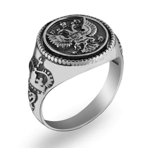 925 Sterling Silver Double Headed Eagle Ring Byzantine Russian Imperial Symbol Coat of Arm of the Russian Federation Mens Freemason Statement Signet Rings Handmade Nostalgic Jewelry for Men