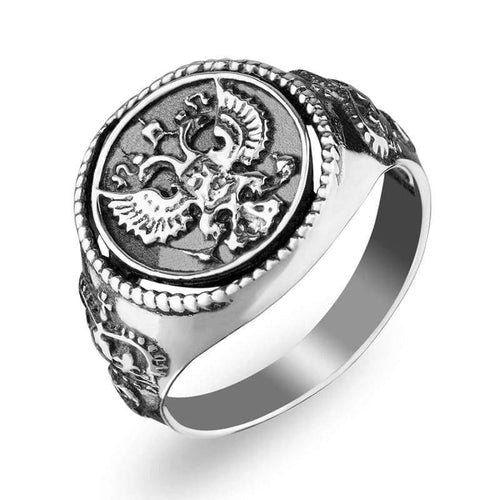925 Sterling Silver Double Headed Eagle Ring Byzantine Russian Imperial Symbol Coat of Arm of the Russian Federation Mens Freemason Statement Signet Rings Handmade Nostalgic Jewelry for Men
