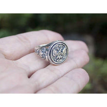 Load image into Gallery viewer, 925 Sterling Silver Double Headed Eagle Ring Byzantine Russian Imperial Symbol Coat of Arm of the Russian Federation Mens Freemason Statement Signet Rings Handmade Nostalgic Jewelry for Men
