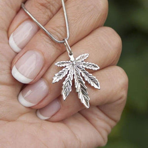 925 Sterling Silver Marijuana Pot Leaf Necklace Weed Cannabis Plant Herb Ganja Pendant Choker Charm Rasta Hippie Hip Hop Jewelry Cute Gifts for Men Women/Handmade + Free Cord