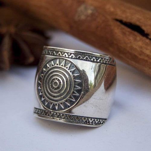 925 Sterling Silver Mayan Sun Cigar Band Ring Size 10.5 Inca Aztec Calendar Ring Stylish Boho Hippie Jewelry Mexican Native American Tribal Style Gift for Women Handmade Unique Design