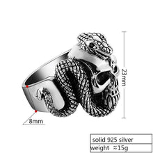 Load image into Gallery viewer, 925 Sterling Silver Skull Ring Men With Snake Big Punk Rock Gift For Biker Man Rings Silver Gothic Jewelry
