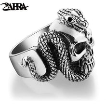 Load image into Gallery viewer, 925 Sterling Silver Skull Ring Men With Snake Big Punk Rock Gift For Biker Man Rings Silver Gothic Jewelry
