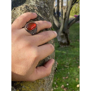 925K Stamped Sterling Silver Men Red Agate (Aqeeq) Ring I1Q