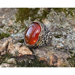 925K Stamped Sterling Silver Men Red Agate (Aqeeq) Ring I1Q
