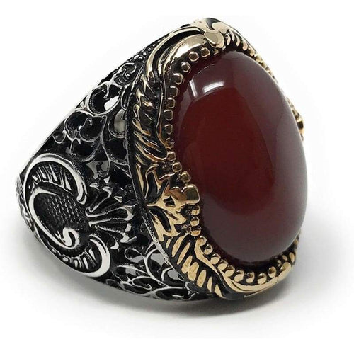925K Stamped Sterling Silver Men Red Agate (Aqeeq) Ring I1Q
