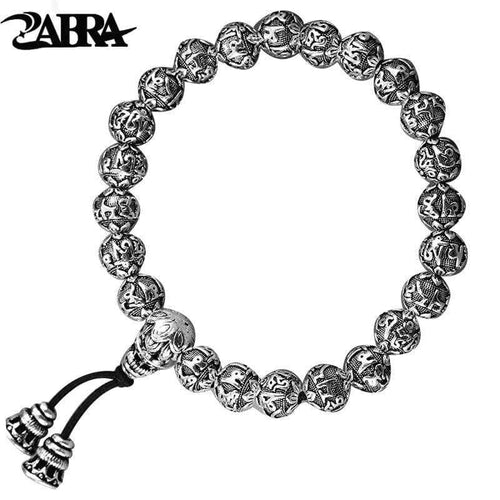 990 Sterling Silver Handmade Vintage Tibetan Buddhism Rope Bracelet Men Women Six Words Mantras Bead Bracelet Jewelry (17cm)