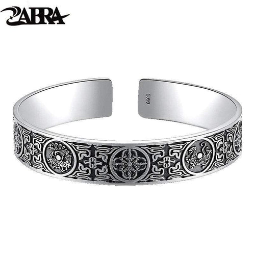 999 Silver Vintage Bangle Bracelet for Men Chinese Four Great Beasts Power Meaning Men Bangle Jewelry Open Cuff (Perimeter 19cm)