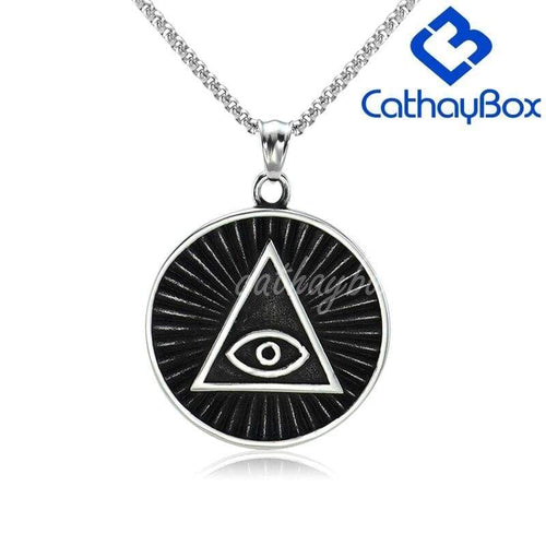 All Seeing Eye of Providence Pyramid Pendant Round Stainless Steel Lucky Amulet Necklace Vintage Look Jewelry for Men 60 CM - Pendant