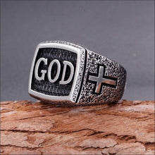 Load image into Gallery viewer, Antique Silver GOD Inscribed Religous Cross Ring for Men
