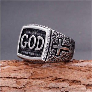 Antique Silver GOD Inscribed Religous Cross Ring for Men