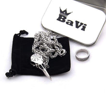 Load image into Gallery viewer, BaviPower Huginn Raven Skull Pendant Necklace with Aegishjalmur The Helm of Awe Symbol Stainless Steel Nordic Scandinavian Necklace
