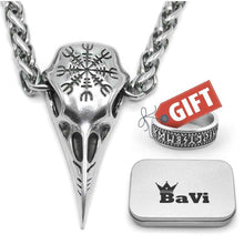 Load image into Gallery viewer, BaviPower Huginn Raven Skull Pendant Necklace with Aegishjalmur The Helm of Awe Symbol Stainless Steel Nordic Scandinavian Necklace
