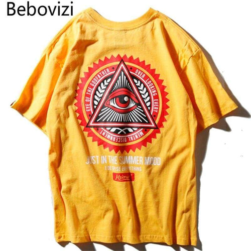 Bebovizi Brand Men Hip Hop Geometry Triangle T Shirts illuminati Eye of Godfather Printed Street Wear Tops Tees Yellow Tshirt - 200000783