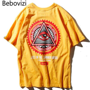 Bebovizi Brand Men Hip Hop Geometry Triangle T Shirts illuminati Eye of Godfather Printed Street Wear Tops Tees Yellow Tshirt - 200000783