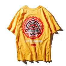 Load image into Gallery viewer, Bebovizi Brand Men Hip Hop Geometry Triangle T Shirts illuminati Eye of Godfather Printed Street Wear Tops Tees Yellow Tshirt - 200000783

