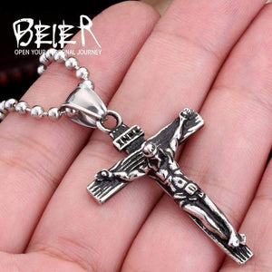 BEIER Christ Jesus Pendant Necklace 316L Stainless Steel Cross Chain Heavy Men Jewelry Gift Religious Jewelry BP8-083