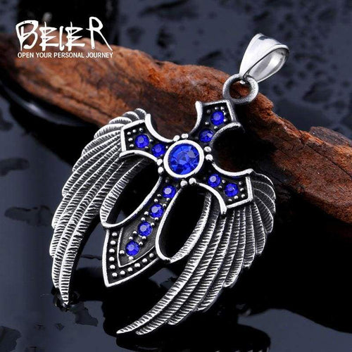 beier punk Stainless Steel Winged Cross 3 colour Stone Feather Pendant Necklace For Man women VintageLeft Jewelry BP8-073