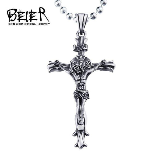 BEIER white/gold colour Catholic Jesus Piece Cross Pendant & Necklace For Men Gift Vintage Chain Christian Jewelry Gift BP8-188