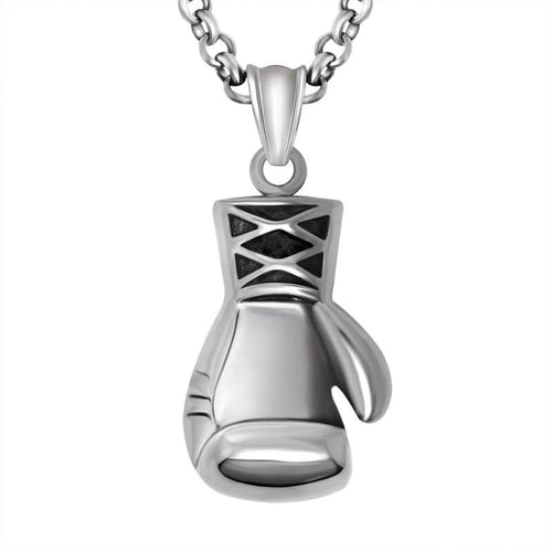 Black Enamel Silver Stainless Steel Boxing Glove Pendant Necklace 60CM SS Chain - Pendant Necklace