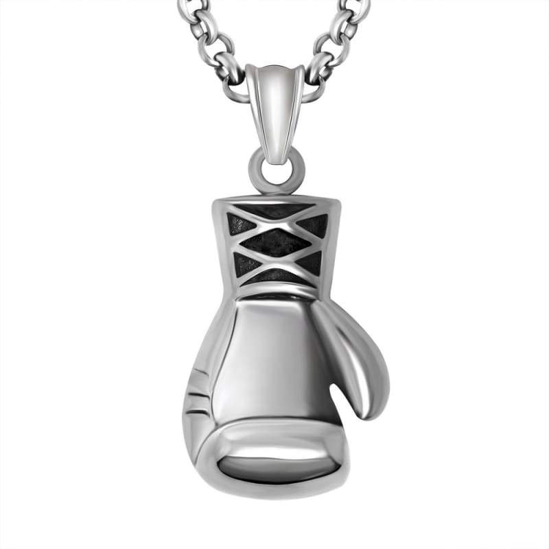 Black Enamel Silver Stainless Steel Boxing Glove Pendant Necklace 60CM SS Chain - Pendant Necklace