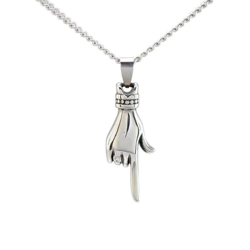 Black Enamel Silver Tone Stainless Steel Pointing Hand Womens Pendant Necklace 60cm Long - Pendant Necklace