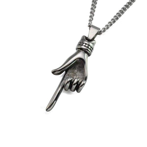 Black Enamel Silver Tone Stainless Steel Pointing Hand Womens Pendant Necklace 60cm Long - Pendant Necklace