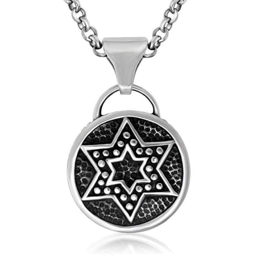 Black Enamel Silver Tone Stainless Steel Round Star of David Pendant Necklace 60CM SS Chain - Pendant Necklace