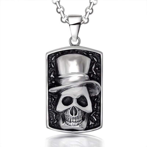 Black Enamel Silver Tone Stainless Steel Skull Gentleman Dog Tag Pendant Necklace 60CM SS Chain - Pendant Necklace