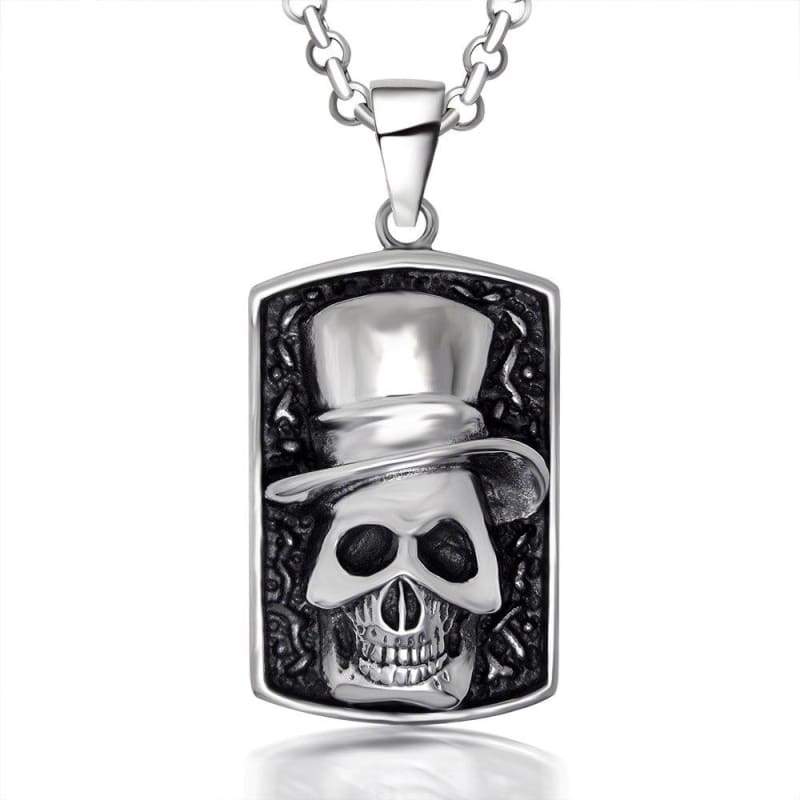 Black Enamel Silver Tone Stainless Steel Skull Gentleman Dog Tag Pendant Necklace 60CM SS Chain - Pendant Necklace