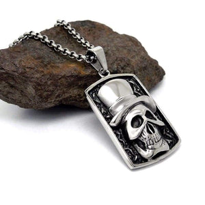 Black Enamel Silver Tone Stainless Steel Skull Gentleman Dog Tag Pendant Necklace 60CM SS Chain - Pendant Necklace