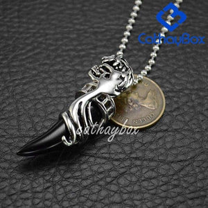 Black Enamel Stainless Steel Wolf Tooth Horn Charm Pendant Necklace with SSChain 60cm - Pendant Necklace