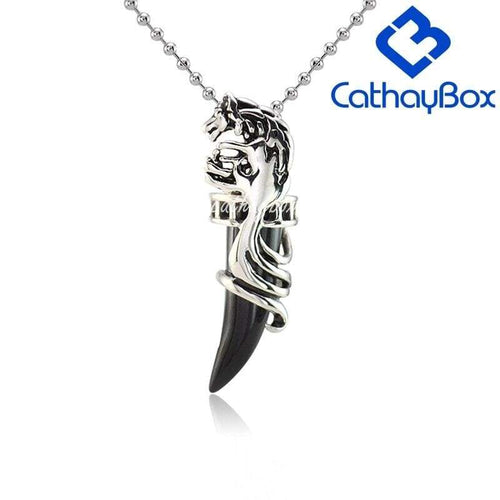 Black Enamel Stainless Steel Wolf Tooth Horn Charm Pendant Necklace with SSChain 60cm - Pendant Necklace