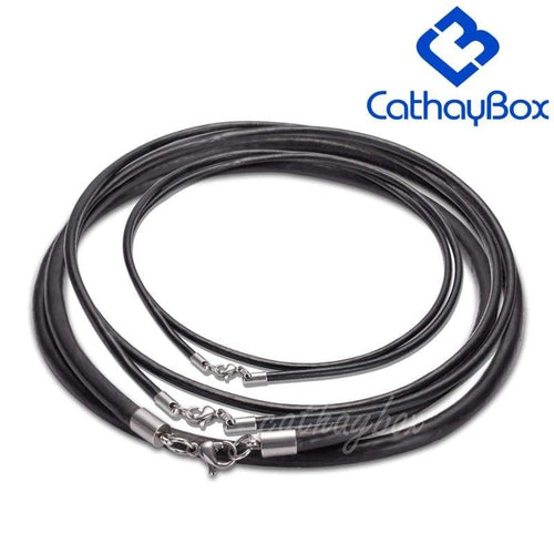 Black Genuine Leather Cord and Stainless Steel Rope Chain Necklace (Unisex) - Pendant Necklace
