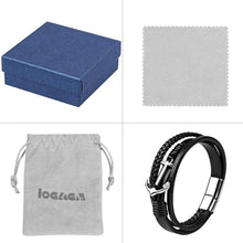 Load image into Gallery viewer, Black Leather Bracelet Magnetic-Clasp Cowhide Braided Multi-Layer Wrap Mens Bracelet with Stainless Steel Anchor Charm Fashion Wristband
