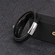 Load image into Gallery viewer, Black Leather Bracelet Magnetic-Clasp Cowhide Braided Multi-Layer Wrap Mens Bracelet with Stainless Steel Anchor Charm Fashion Wristband
