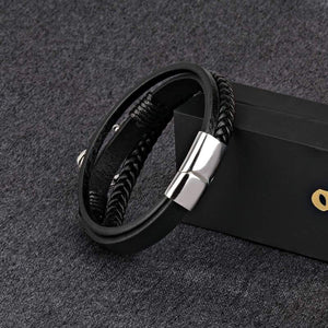 Black Leather Bracelet Magnetic-Clasp Cowhide Braided Multi-Layer Wrap Mens Bracelet with Stainless Steel Anchor Charm Fashion Wristband