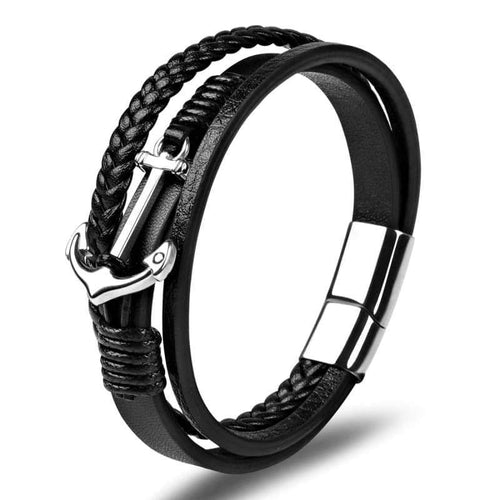 Black Leather Bracelet Magnetic-Clasp Cowhide Braided Multi-Layer Wrap Mens Bracelet with Stainless Steel Anchor Charm Fashion Wristband