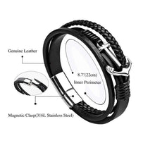 Load image into Gallery viewer, Black Leather Bracelet Magnetic-Clasp Cowhide Braided Multi-Layer Wrap Mens Bracelet with Stainless Steel Anchor Charm Fashion Wristband
