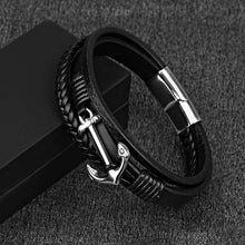 Load image into Gallery viewer, Black Leather Bracelet Magnetic-Clasp Cowhide Braided Multi-Layer Wrap Mens Bracelet with Stainless Steel Anchor Charm Fashion Wristband
