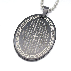 Black Stainless Steel Spanish Lords Prayer Oval Charm Pendant Necklace 60CM Free Chain - Pendant Necklace