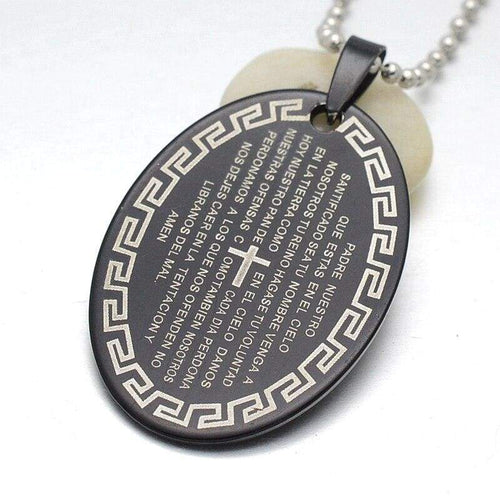 Black Stainless Steel Spanish Lords Prayer Oval Charm Pendant Necklace 60CM Free Chain - Pendant Necklace