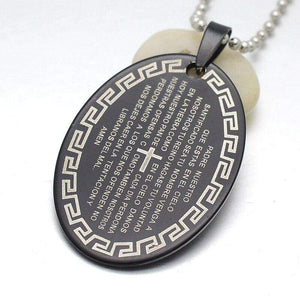 Black Stainless Steel Spanish Lords Prayer Oval Charm Pendant Necklace 60CM Free Chain - Pendant Necklace