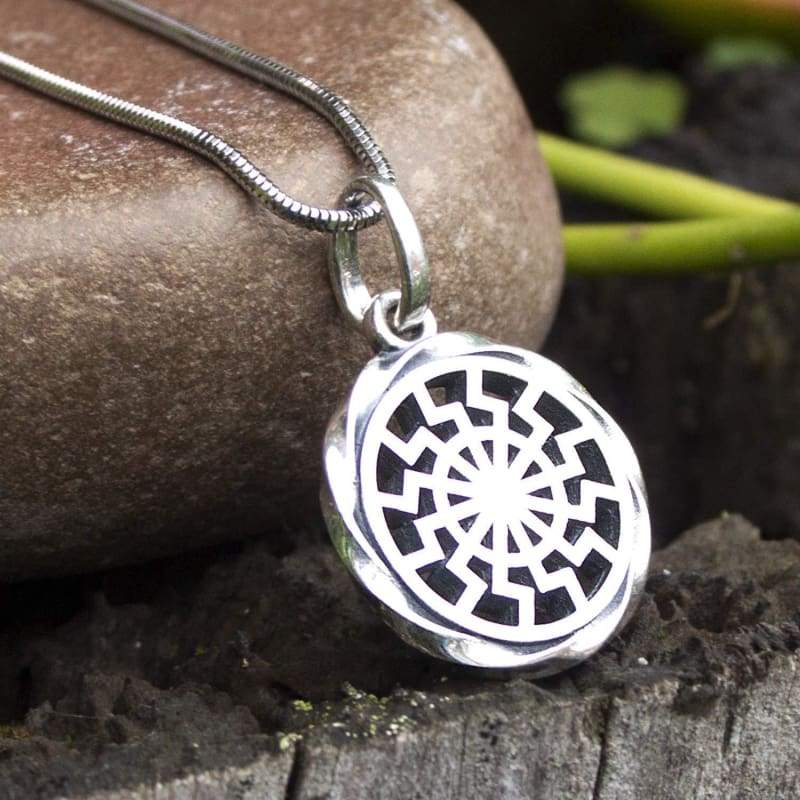 Black Sun Wheel Sterling Silver Pendant Necklace for Men Women Occult Wiccan Pagan Sonnenrad Kolovrat Warrior Talisman Solar Amulet Norse Handcrafted Jewelry/Additional Option -Sterling Silver Chains