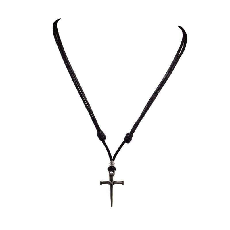 BlueRica Nail + Cross Pendant on Adjustable Black Rope Cord Necklace - Pendant Necklace