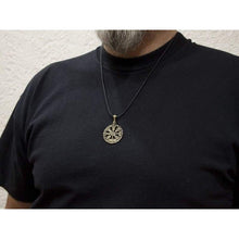 Load image into Gallery viewer, Bronze Viking Compass Odin&#39;s Symbol Vegvisir Guidance Pendant Pagan Necklace in Runic Circle Elder Futhark Rune Amulet&quot;Wayfinder&quot; Norse Icelandic Scandinavian Jewelry Gift for Men Women Handcrafted
