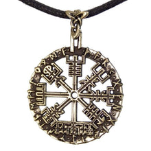 Load image into Gallery viewer, Bronze Viking Compass Odin&#39;s Symbol Vegvisir Guidance Pendant Pagan Necklace in Runic Circle Elder Futhark Rune Amulet&quot;Wayfinder&quot; Norse Icelandic Scandinavian Jewelry Gift for Men Women Handcrafted

