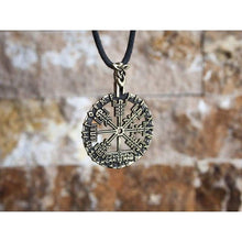 Load image into Gallery viewer, Bronze Viking Compass Odin&#39;s Symbol Vegvisir Guidance Pendant Pagan Necklace in Runic Circle Elder Futhark Rune Amulet&quot;Wayfinder&quot; Norse Icelandic Scandinavian Jewelry Gift for Men Women Handcrafted
